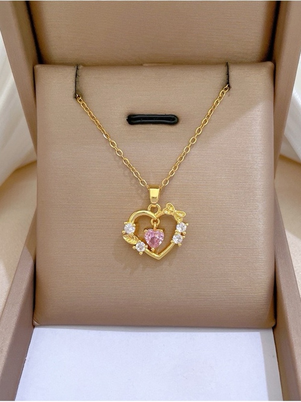 Gold Heart Pendant Necklace with Pink Center Stone - Women's Jewelry